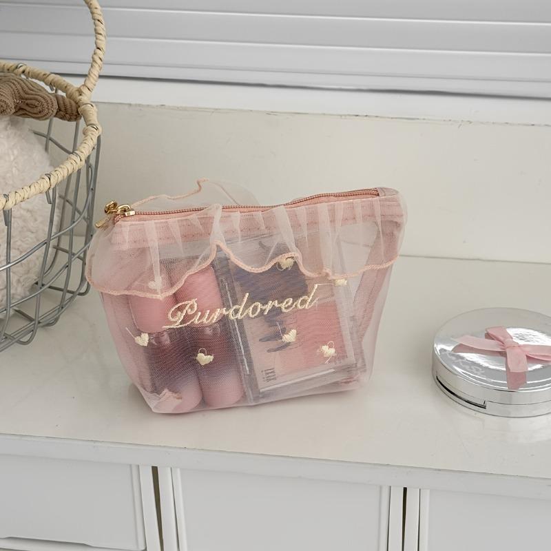 Cute Ruffle Love Embroidery Mesh Makeup Bag, Lightweight Portable Travel Cosmetic Storage Pouch