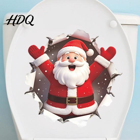 Removable Christmas Toilet Seat Decor 3D Break Wall Santa Claus Lid Sticker, Winter Snow Scene Self Adhesive Room Accents Decal, Self-Adhesive