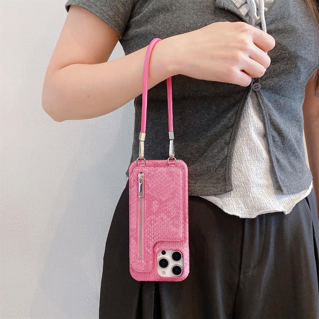 For iPhone 16 Pro Case Zipper Card Holder Mirror Snake Texture PU + PC Back Cover with Lanyard