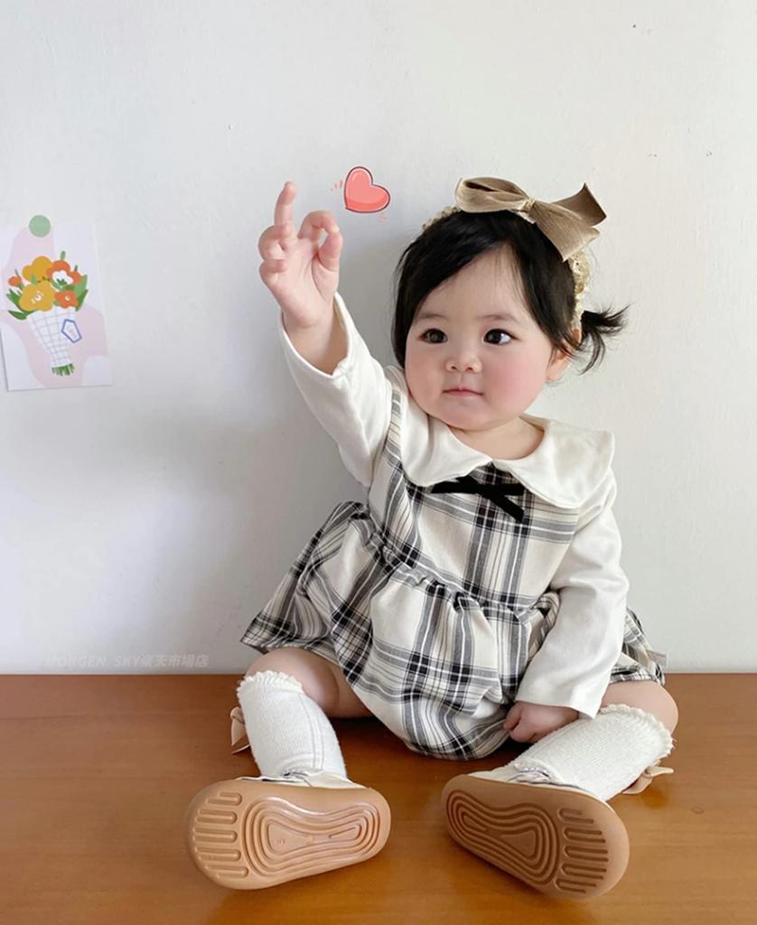 Baby Clothes Long Sleeve One Piece Dress Romper Checkered Layered Baby Newborn Girl Room Wear Cute Cotton Soft [SLINX] (Red, 73)