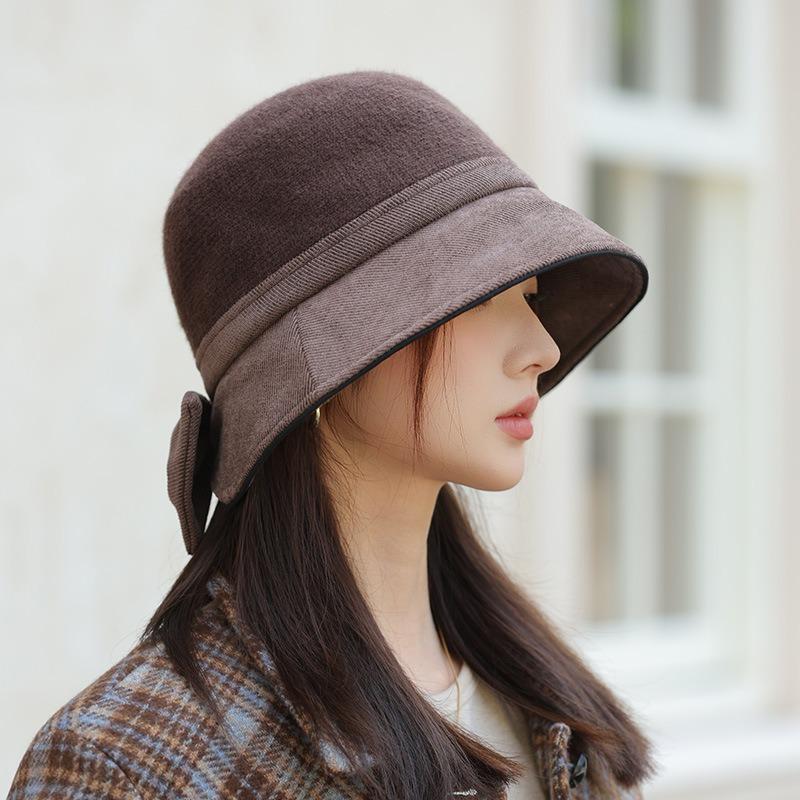 Autumn and winter hat women's big brim showing face small bucket hat retro versatile basin hat bow bucket hat