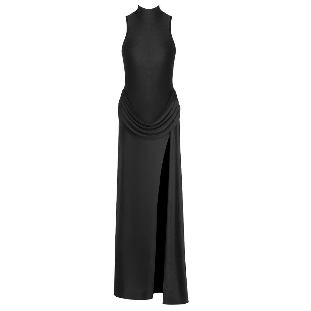 In Stock: European & American Style Sexy Backless Halter Dress with Slit & Pleats for Vacation L чёрный