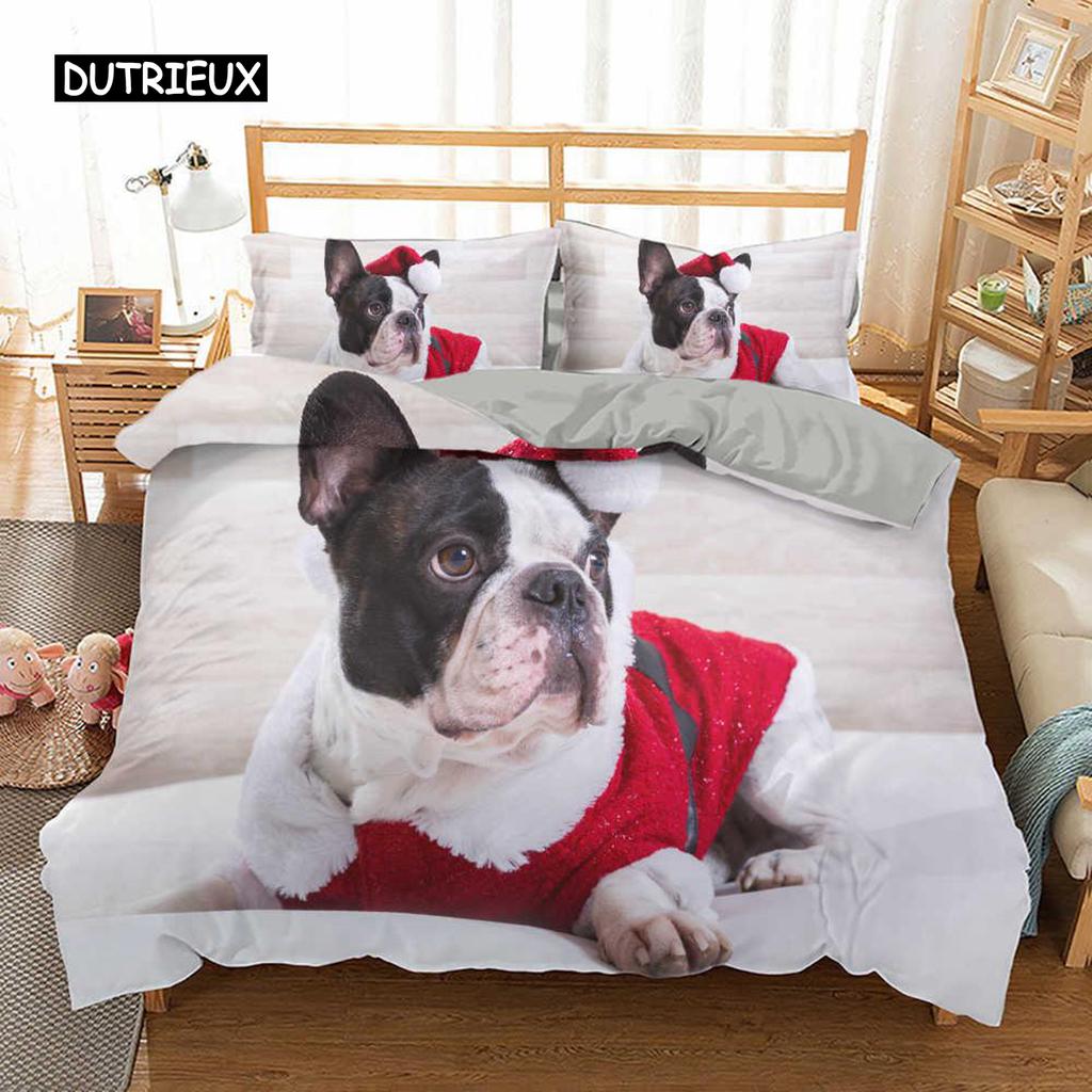 Sett med dynetrekk for fransk bulldog, King size, Søt valp, Dyretema, Sengetøy for barn og tenåringer, Polyester, 2/3 deler, Mykt dynetrekk