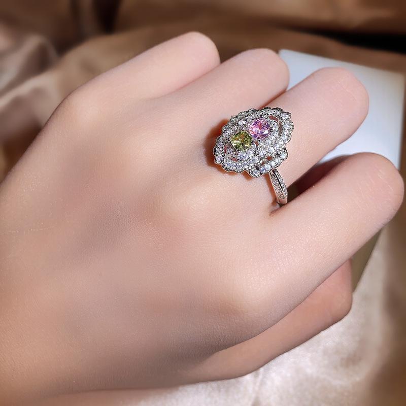 Pink Diamond Colored Treasure Ring Women S Inlaid Yellow Diamond Square Diamond Zircon Accessories Opening Adjustable Ring Adjustable opening