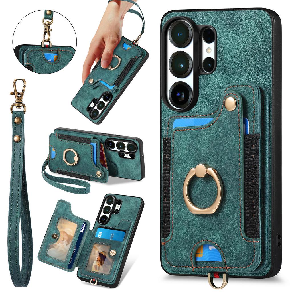 Ring Holder Cards Solt Leather Wallet Case For Samsung S25 Ultra S24 Plus S23 A16 A17 A07 Magnetic Kickstand Pocket Strap Cover