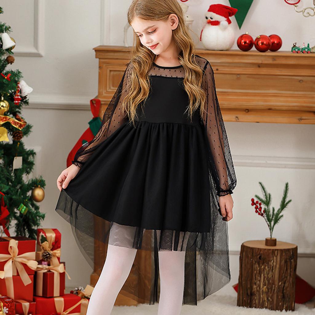 Girls Dresses Contrast Mesh Long Sleeve Twirly High Low Birthday Party Formal Dress