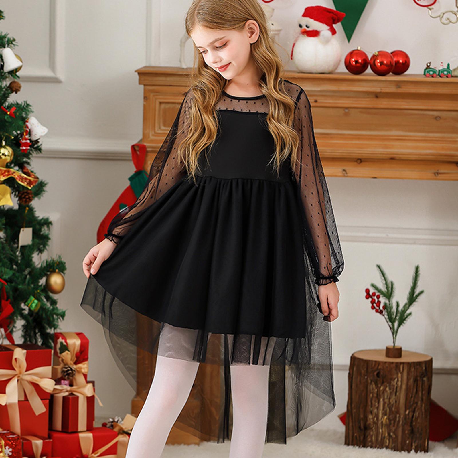 

Girls Dresses Contrast Mesh Long Sleeve Twirly High Low Birthday Party Formal Dress 110 чорний
