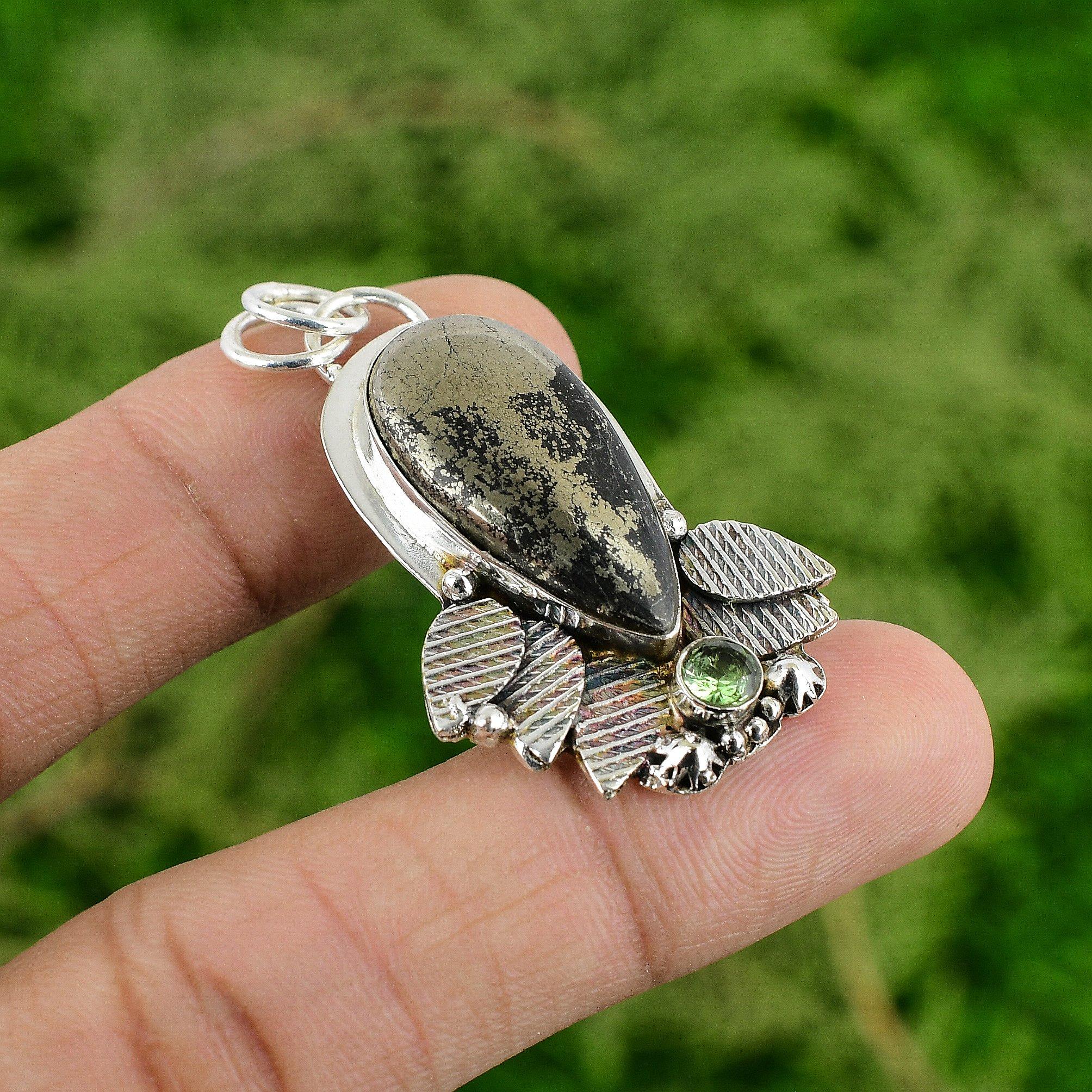 

Sterling Silver Pyrite Gemstone Peridot Solar Chakra Trendy Anniversary Pendant