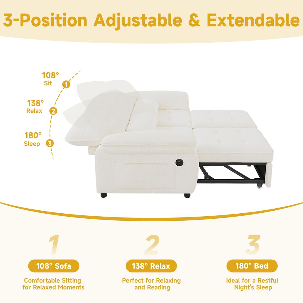 3-in-1 Double Sofa Bed with Adjustable Backrest and Bed Function, Convertible Sofa with USB Charging Port, Chenille Fabric, Beige, Incl. 2 Cushions