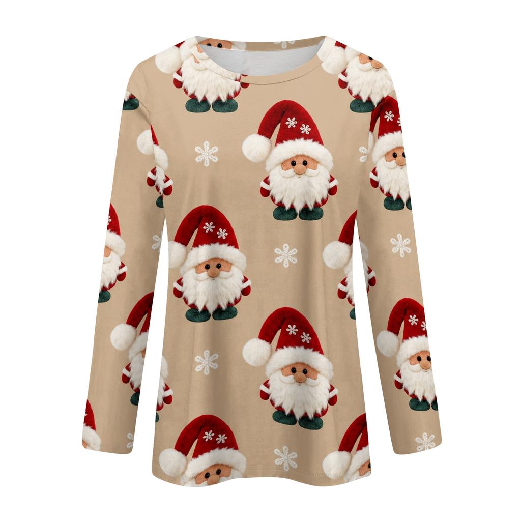 Women's Fashion Casual Long Sleeve Christmas Print Neck Top for Holiday