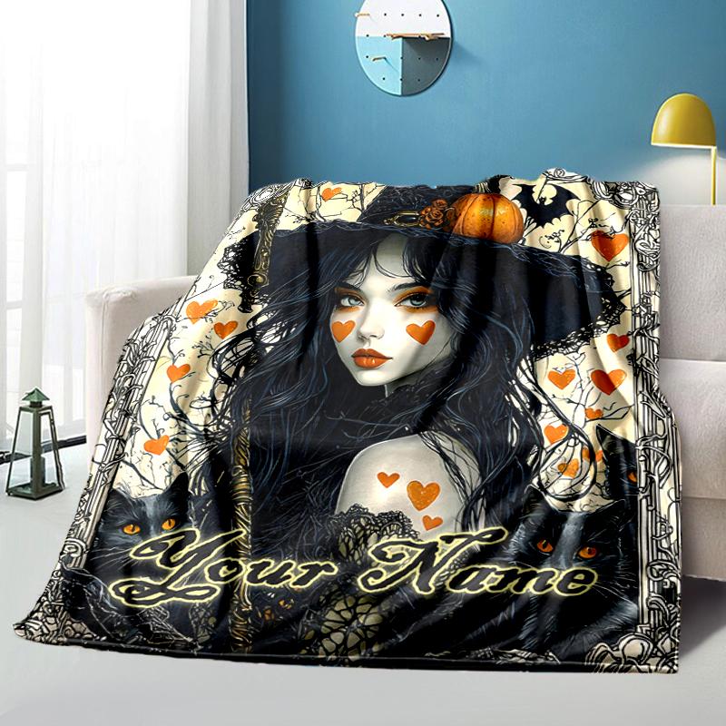 1PC Custom Name Witch's Halloween Fantasy Outdooor Flannel Blankets Throw Blanket All-Season Throw Gift Bedspread for Couch, Bed, Camping Holiday Birt