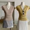 Women's Summer Yellow V Neck T-shirt Short Sleeve Ruched Waist Stretchy Slim  Casual Tops
