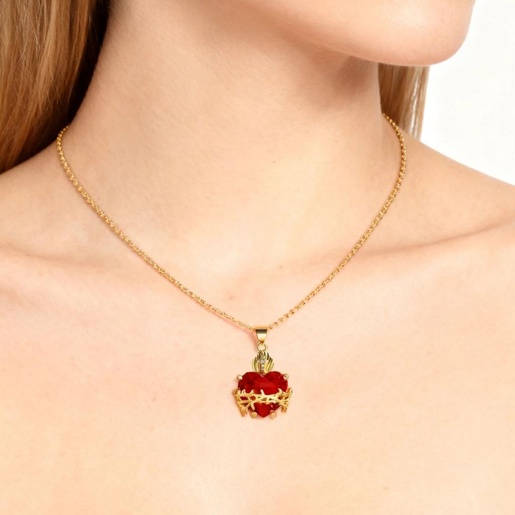 MHS.SUN Nuovo Collana Sacro Cuore di Gesù Cuore Immacolato Croce Placcata Oro 22k Collana per Donne Ragazze Gioielli Cattolici