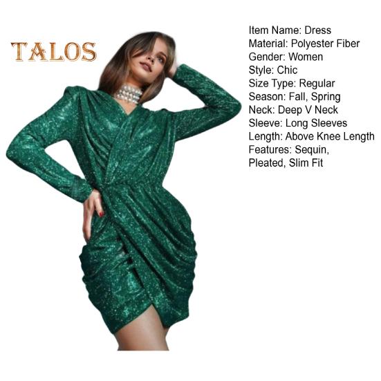 Vestido de club para mujer, escote en V profundo, plisado, con lentejuelas, manga larga, dobladillo irregular, holgado, para celebridades, banquetes, graduación, cócteles, minivestido