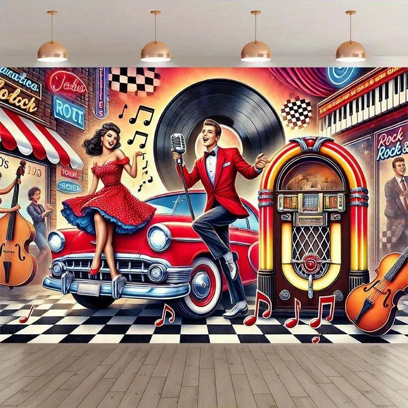 2D Flat Printed Vintage 1950s Rock And Roll Tapestry Peach Skin Classic Car Jukebox Wall Hanging Americana Retro Party Decor