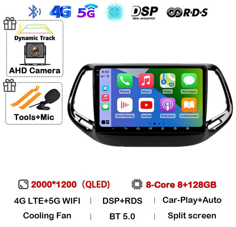 Android 14 Carplay Auto Car Radio For Jeep Compass 2017 2018 2019 GPS Navigation Stereo Multimedia Video Player 360 Camera WIFI
