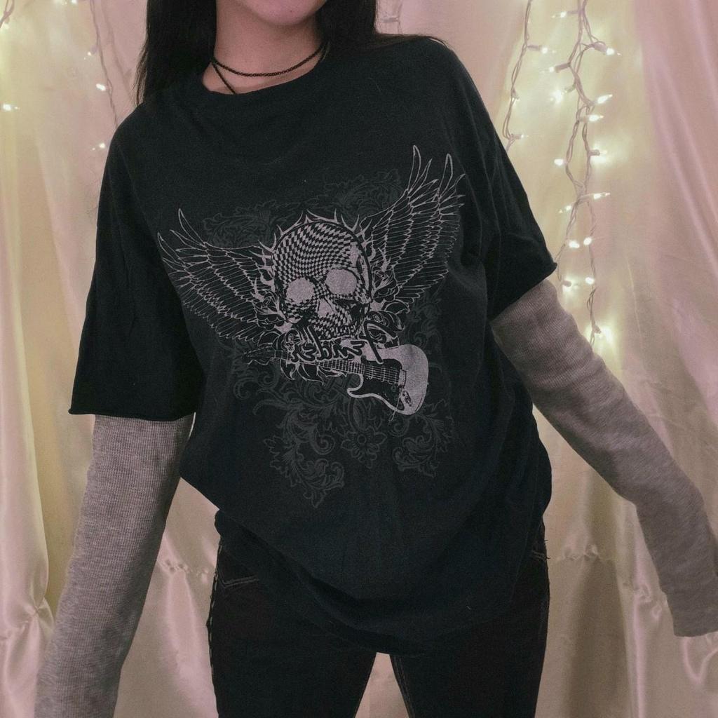 ZYLLO Vintage Graphic Print Pullovers Tops Halloween Clothes 2000s Skull Grunge Layered Sleeve Tee Y2K Aesthetic Emo Mall Goth T-shirt