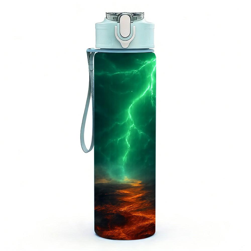 1PC Dark Sky Green Lightning Storm Print 750ml Color Plastic Sports Water Bottle Leakproof Flip Straw Lid Suitable for Sports Office Home Use
