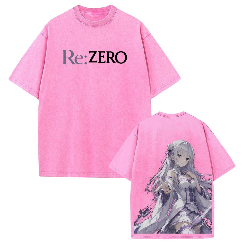 Emilia Re:ZERO Anime T-shirt Harajuku Vintage Washed Oversized T Shirt Men Women Clothing Short Sleeve 100% Cotton Tees Tops