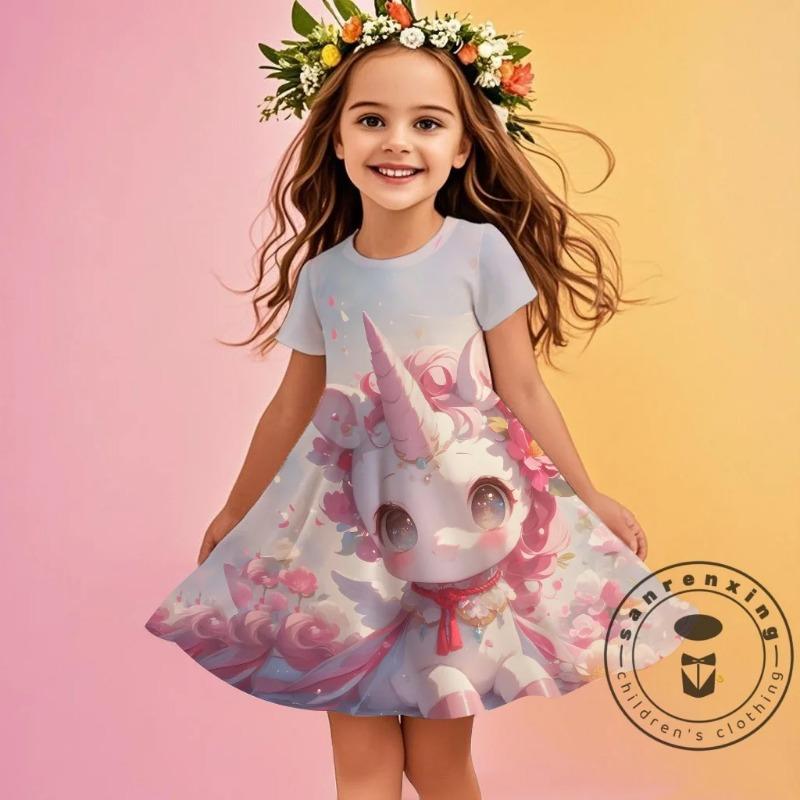 3D Printed Unicorn Short Sleeved Dress Cute Girls' Clothing Children's Party Wear Daily Princess Dress Skin Friendly Breath