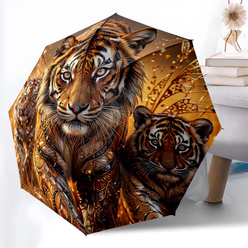 1pc Sturdy 8-Bone Auto Umbrella, Stylish Tiger Umbrella, Digital Printed, Foldable Umbrella for On-the-Go Outdoor Use