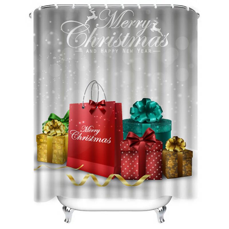 TU Christmas Shower Curtain Festive Holiday Gift Box Pattern Waterproof Bathroom Decor Merry Xmas Backdrop Festive Home Decorati