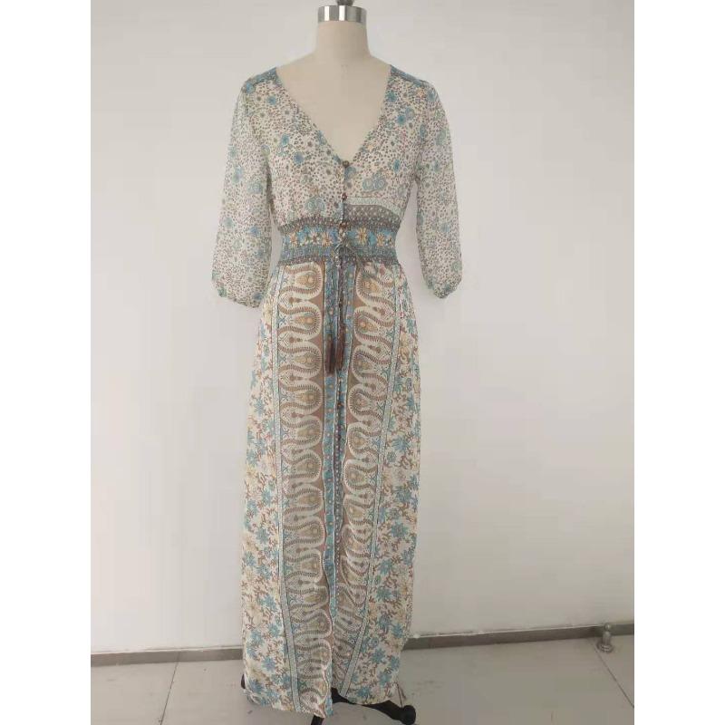 Women's Summer Print Seven-point Sleeve Elastic Waist V-neck Chiffon Sexy Dress