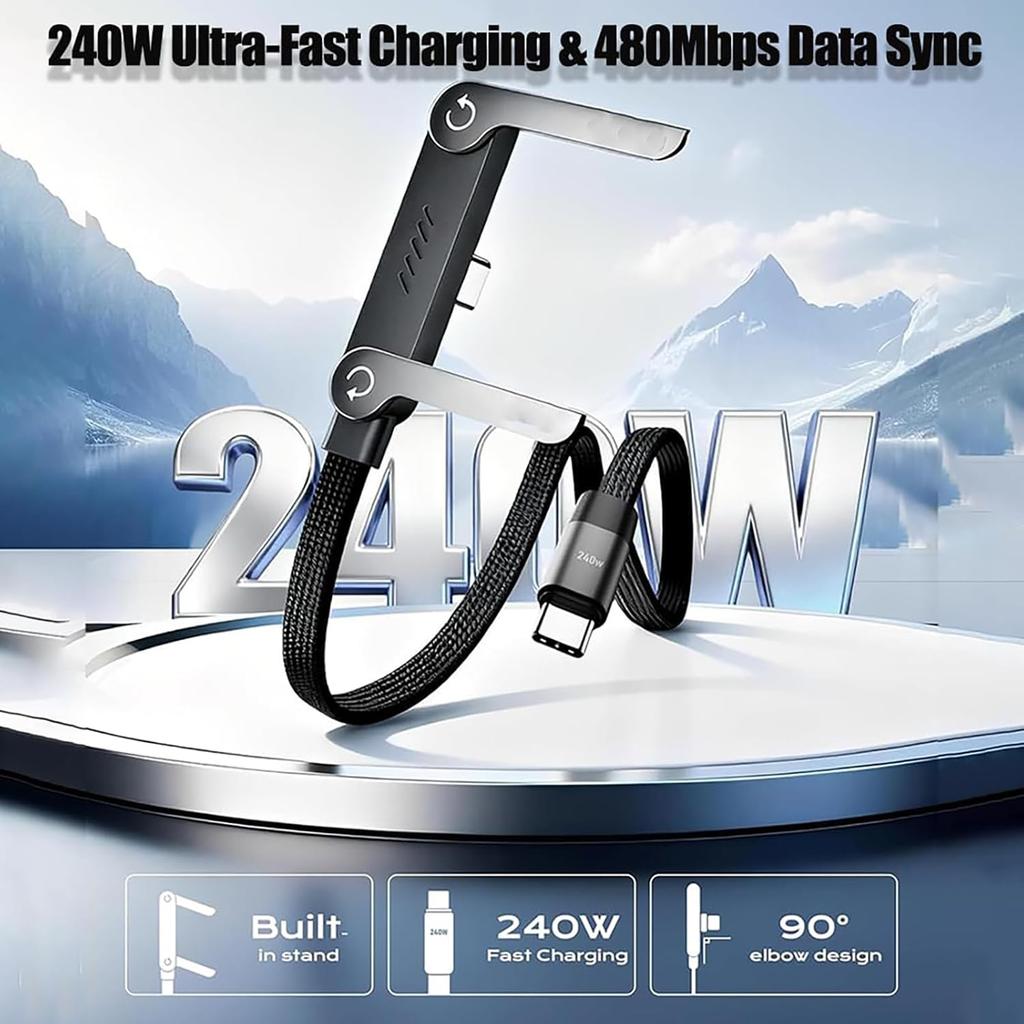 240w Braided Fast Charge Cable with Built-in Phone Stand Invisible Holder Charger Cable Fast Charging Cord Built-in Phone Stand
