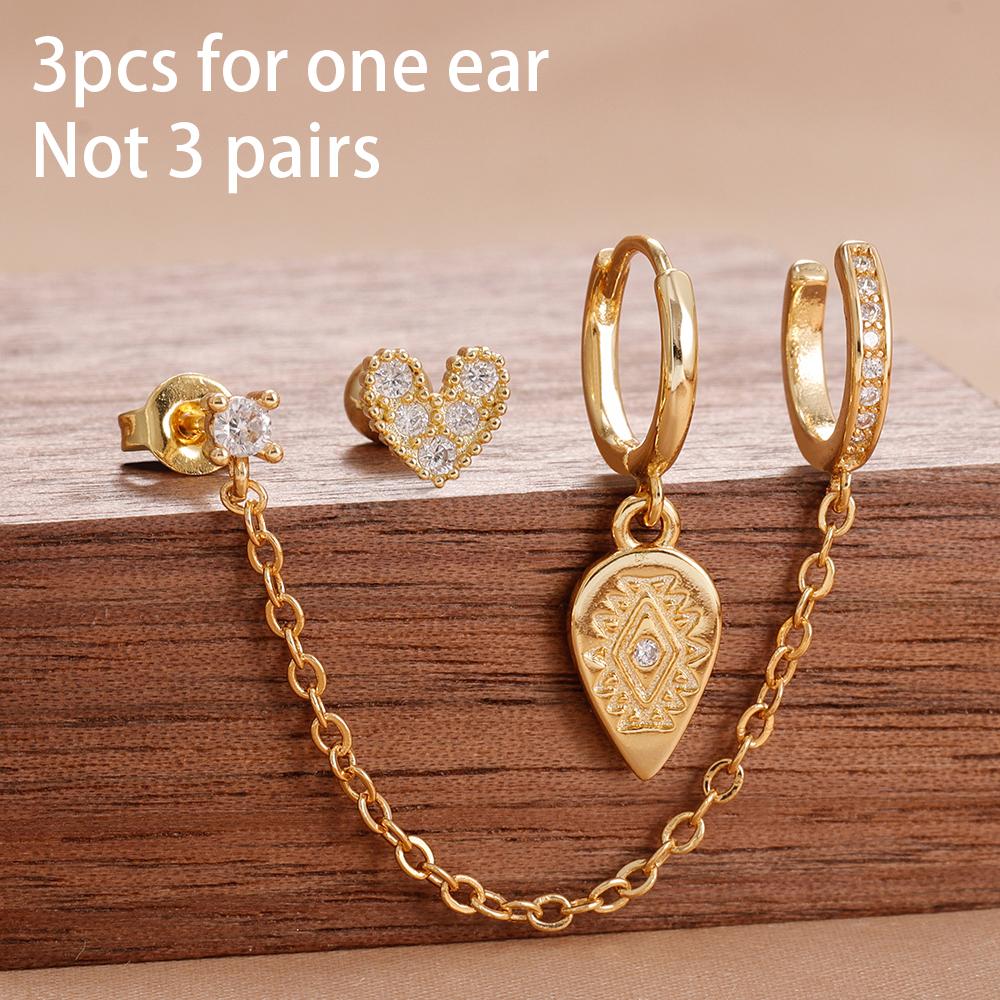 Fashion Zircon Eye Leaf Shaped Dangle Earrings Set for Women Stainless Steel Chain Ear Stud Ear Clip Trend Birthday Jewelry Gift