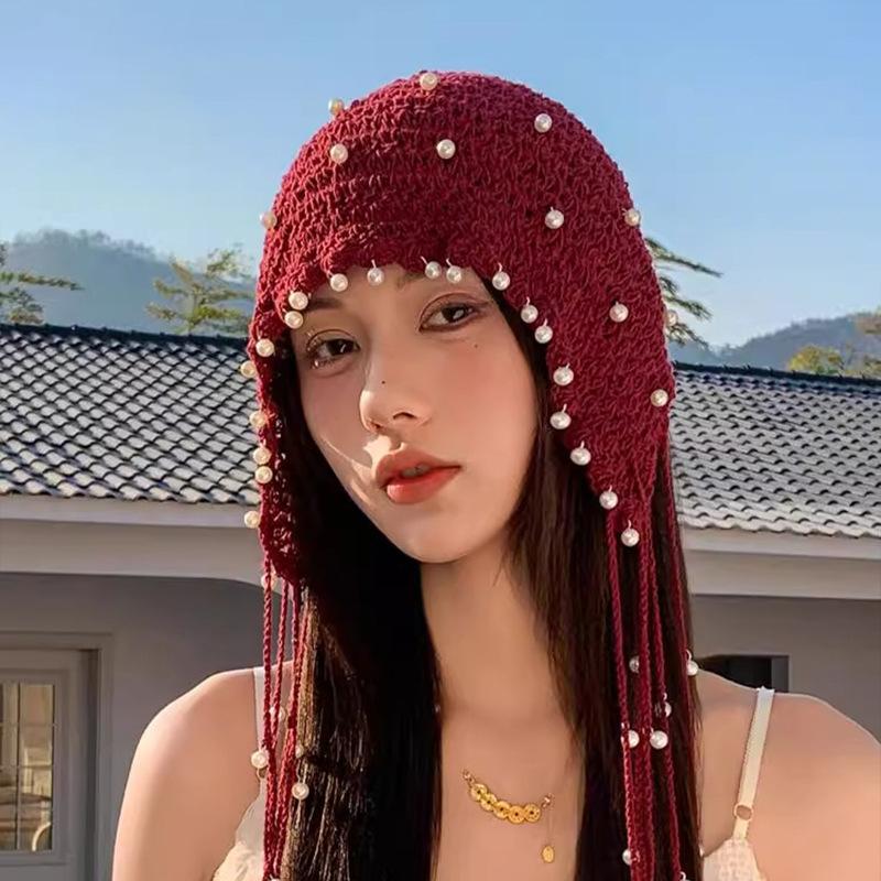 Hollow Out, Pearl Tassel Pendant, Headband Hat, Women's, Summer, Ethnic Style, Knitted Pullover Hat, Retro, Face Enhancing Small Hat