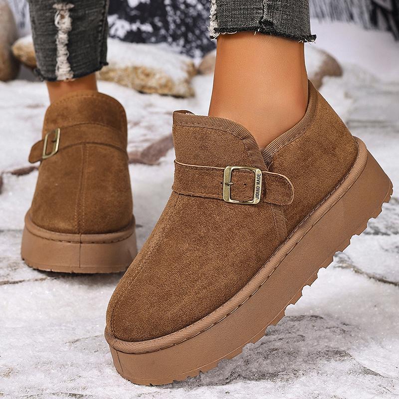 Модні зимові черевики до щиколотки на товстій підошві з прикрасою у вигляді пряжки для жінок 2025, снігові черевики на платформі зі штучної замші, жіночі бавовняні черевики на короткому плюші, що надягаються
