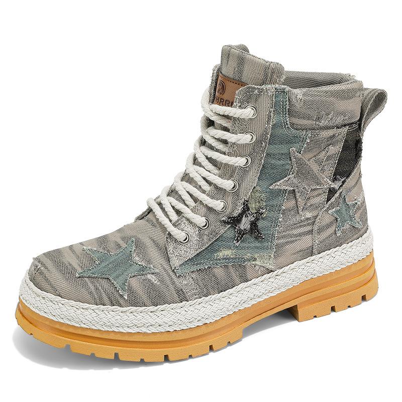 Autumn and Winter Straw-soled Denim Canvas Shoes Fashion Casual Thick-soled Tooling Boots High-top Lace-up Trend Martin Boots