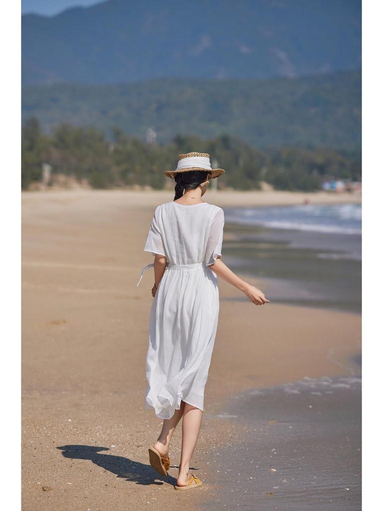 2024 Embroidered Ramie V-Neck Women's Mid-Sleeve Long Dress