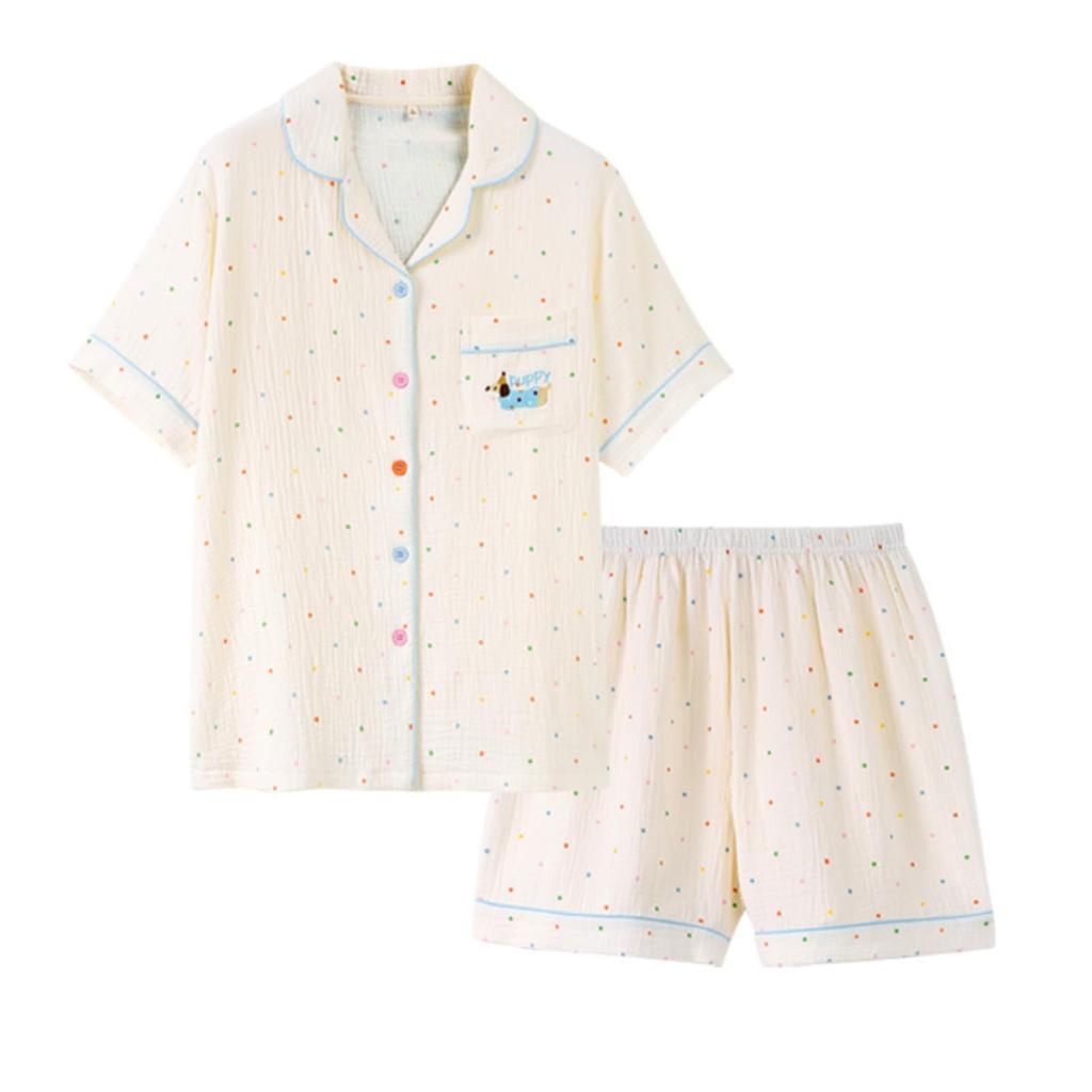 AasDawn Cotton Summer Double Gauze Short Sleeves and Shorts Front Comfortable for the Loose Cute Loungewear Women's 100% Pajamas, Pajamas, Set,