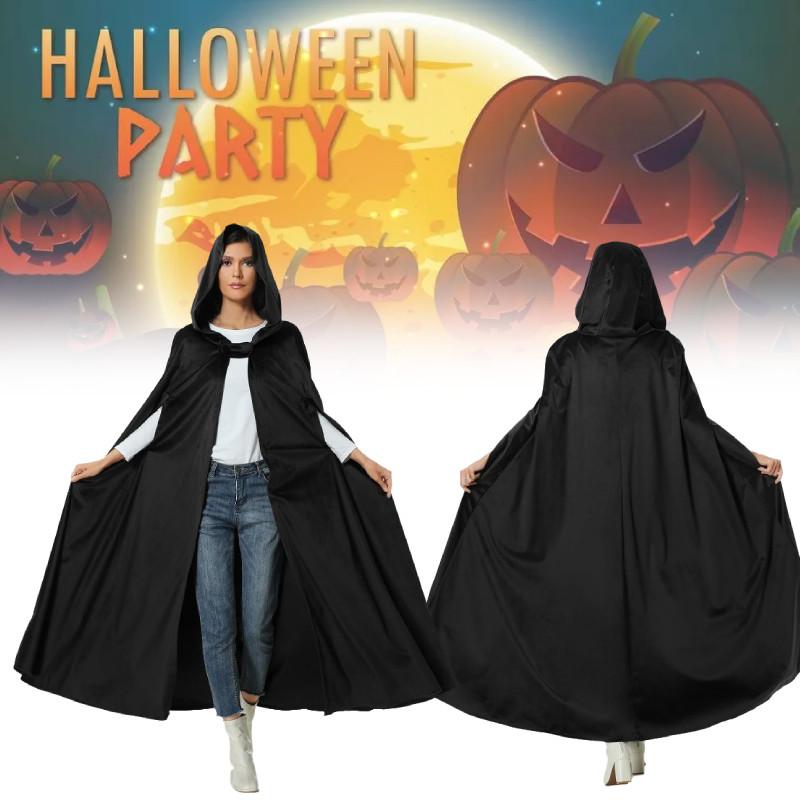 Halloween Long Hooded Cloak Cape Vampire Witch Black Spooky Fancy Unisex Outfit