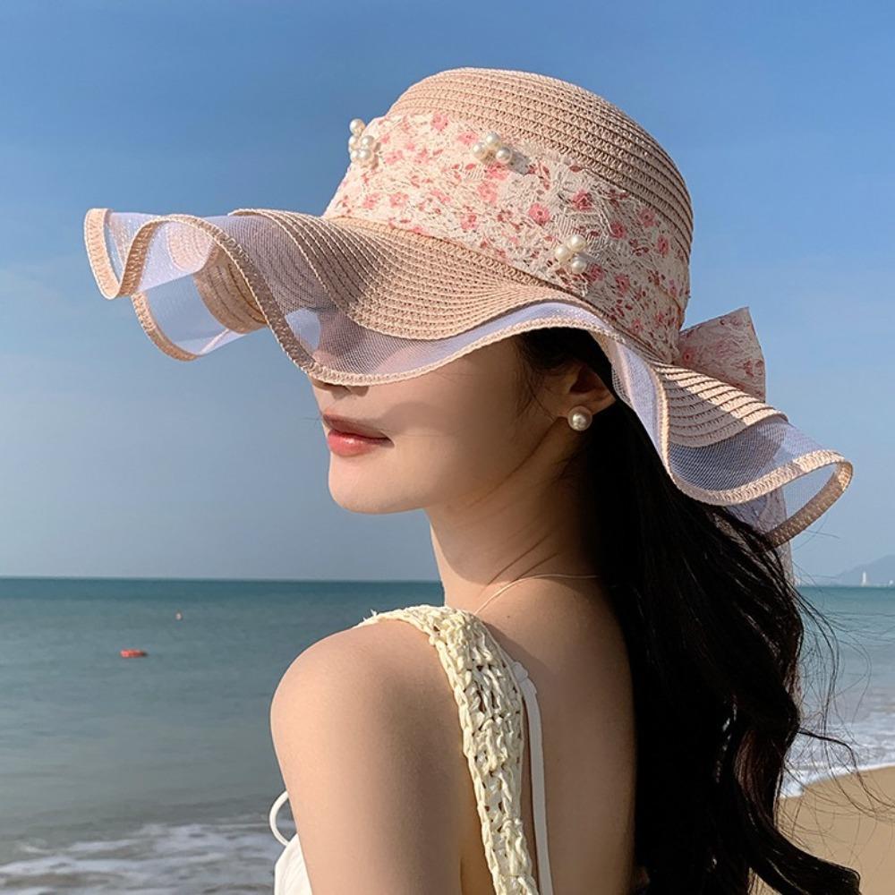 Bowknot Wide Brim Sun Hat Breathable Fisherman Sunshade Cap Fashion Lace Streamers Straw Hat  Girls