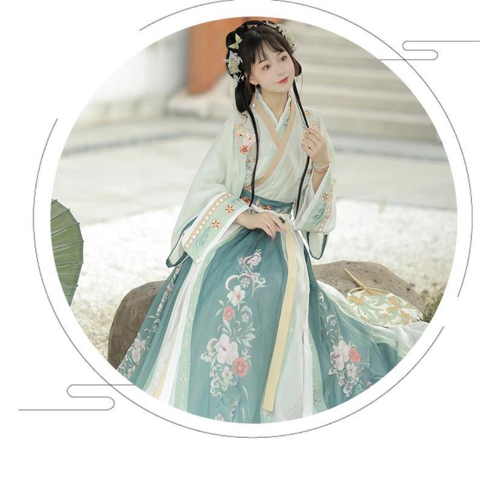 Chinese Wei And Jin Dynasties Style Hanfu Printed Collar Blouse And Waist-length Skirt Women's Suit