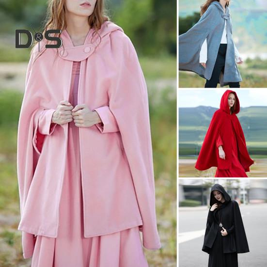 Winter Women Cape Coat with Hood Medieval Retro Cape Gothic Keep Warm Shawl Knee Length Loose Cloak Thick Single-Button Closure Outdoor Poncho Pirate