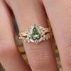 Luxury European and American Ins New Inlaid Light Green Crystal Set Ring, Gold Leaf Flower Pair Ring
