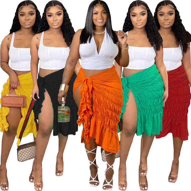 Eleganter fester Plissee-Schlitz-Nachtclub-Cocktail-Party-Rock, Sommer, unregelmäßiger, fester, sexy Rock, beiläufiger gestrickter Hip-Wrap-Rock 21936