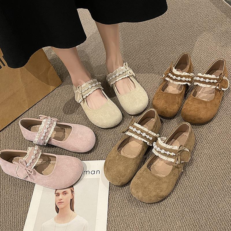 Wind Night Wear Soft Sole Night Foot Pearl Fairy Velcro Spring Mary Jane Shoes Woman Not Tired Single Shoe Temperament