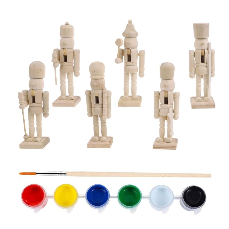 6pcs Christmas Nutcrackers Soldier Unpainted DIY Wood Walnut Figures with Paint and Brush Unfinished Nutcrackers Decor