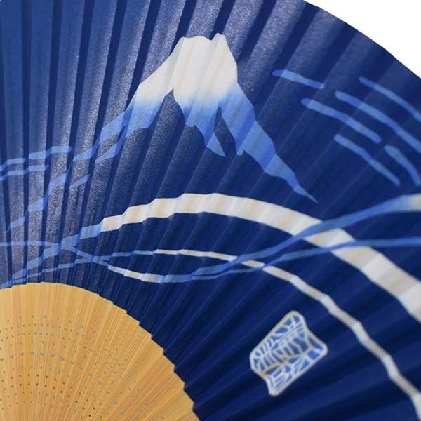White Intricately Navy Blue with a Mount Fuji Men's Fan, Bamboo, Carved, Scented, Background, Design.