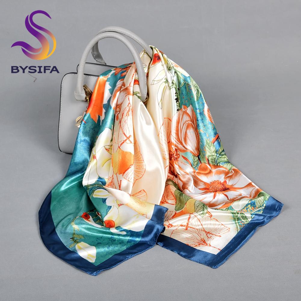 BYSIFA| Blue Floral Silk Scarf Hijab Ladies Fashion Sweet Square Spring Summer Scarves Fouldard Fall Winter Square Satin Scarves