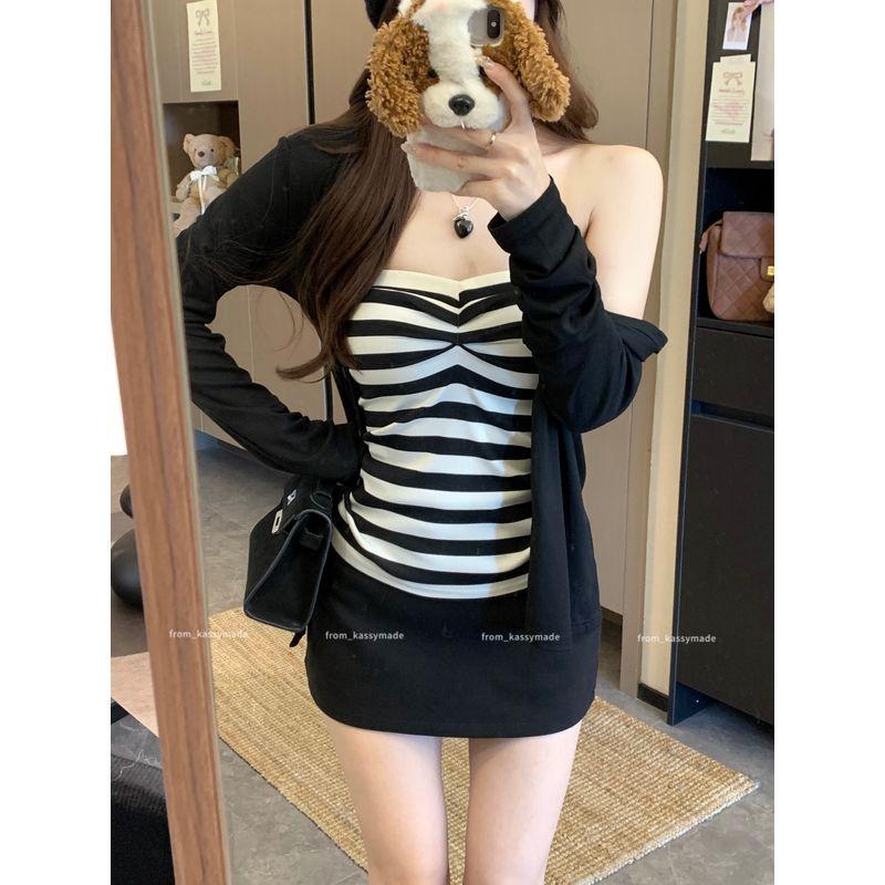 Kumikumi Stylish Thin Black Long Sleeve Cardigan Jacket Women's Clothing Autumn Inner Wear Stripes Tube Top Two-piece Set