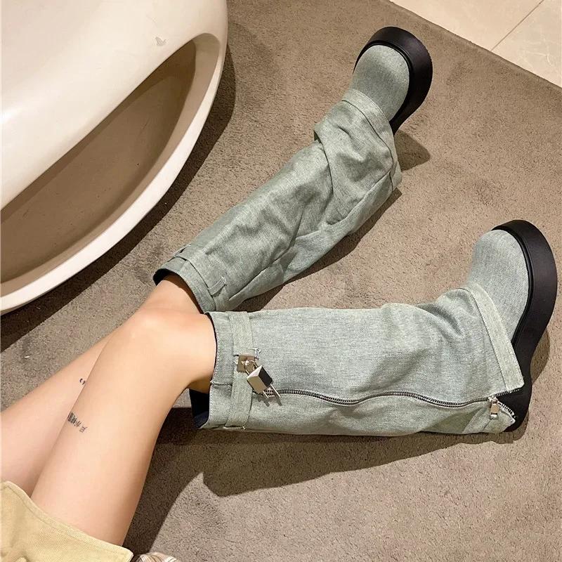 Fashion Women Pleated Chunky Platform Knee High Denim Boots Women Thick Bottom Wedge Western Boots Side Zipper Cowgirl Botas 2024
