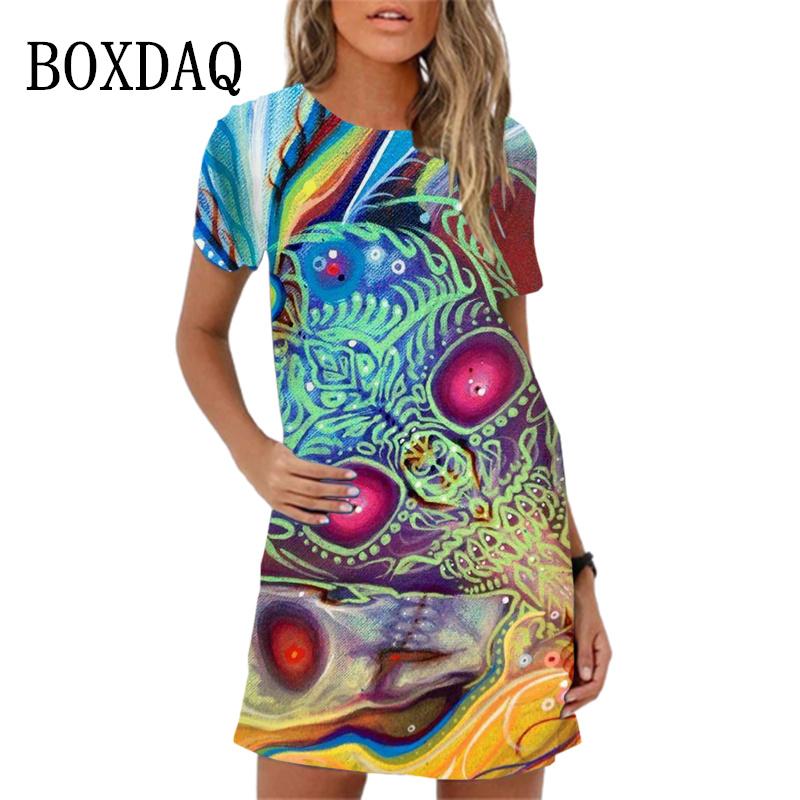 Vintage Abstract Landscape Fish Pattern Print Dress For Women Short Sleeve Clothing New 2024 Summer Dress Casual Mini Dress