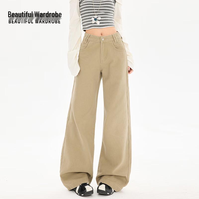 Beautiful Wardrobe Women's American Khaki Straight Wide-Leg Denim Jeans