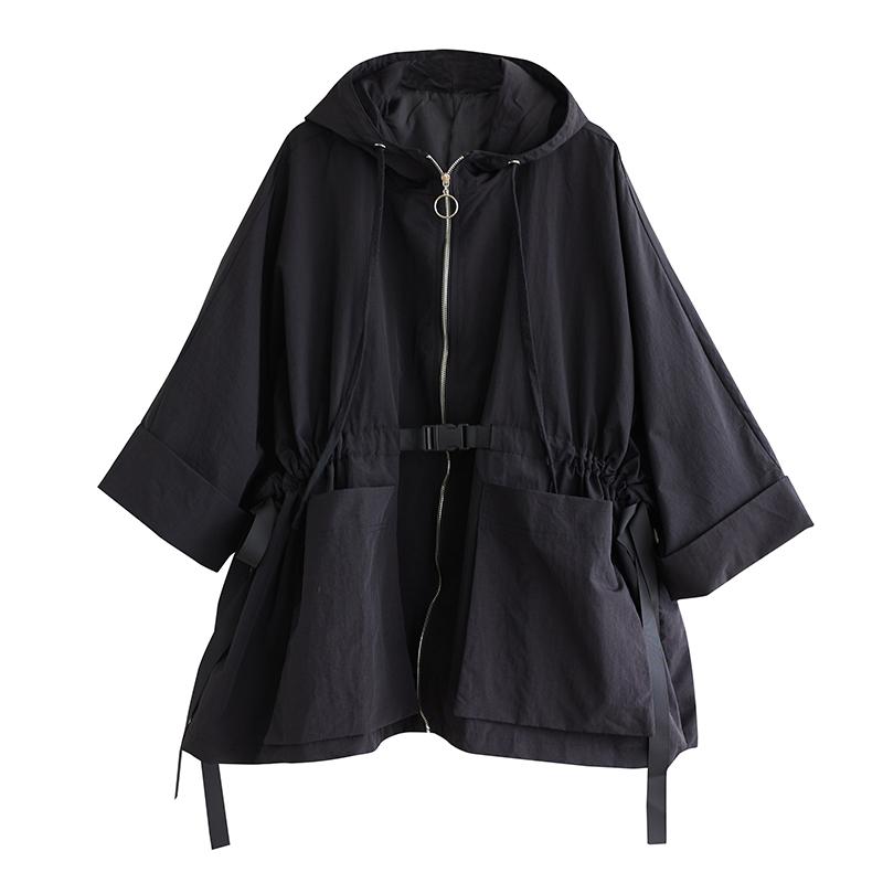 Long Sleeve Oversized Hooded Vintage Black Casual Loose Autumn Spring Trench Coat for Women Outerwear