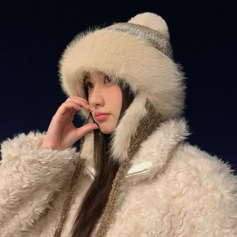 Plush Lei Feng Hat Women's Winter Thickened Warm Knitted Wool Hat Riding Ear Protection Cold Hat